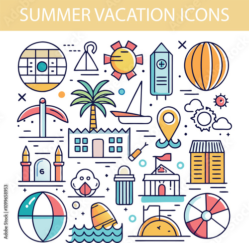 Summer set of web icons inline style. Summer vacation icons for web and mobile apps. Travel, beach, tourism, summer holidays, hotel, relax, beach, luggage, passport, sunglasses. Vector illustration