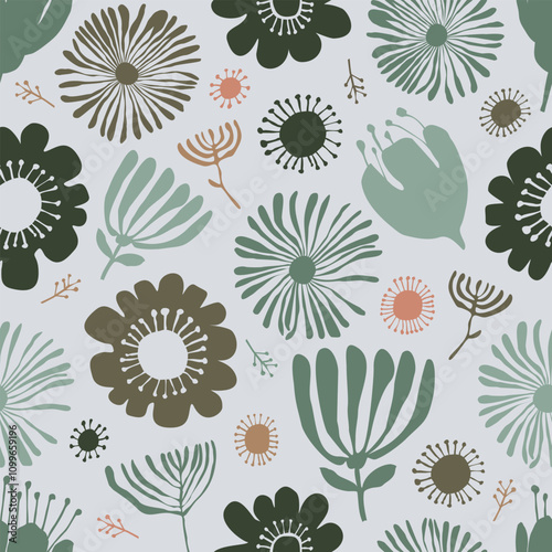 Vector seamless pattern with flowers in collage technique on a white background