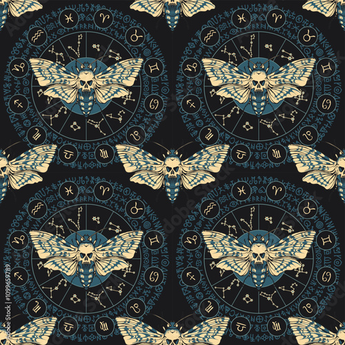 vector seamless pattern with a death's head butterfly on the background of the zodiac circle with constellations and ancient runes on the backdrop of a black cosmos.