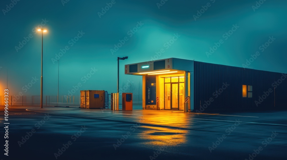 Obraz premium Dusk at Container Scanner Facility: X-Ray Portal Illuminated, Radiation Detection Equipment, and Security Checkpoint with Ultra HD Technical Details and Precise Light Control.