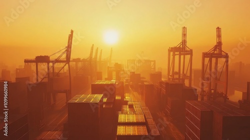 Aerial View of a Container Terminal at Golden Hour: Geometric Patterns of Stacked Containers with Warm Sunlight, Industrial Cranes, and Misty Marine Atmosphere in Ultra HD. photo