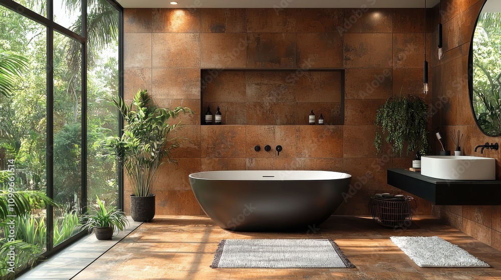 Fototapeta premium Modern bathroom design featuring a freestanding tub and large windows with lush greenery view