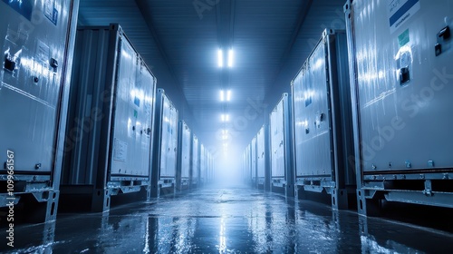 Ventilated Container Array for Agricultural Products: Morning Dew Atmosphere, Airflow Systems, and Temperature Monitoring in Ultra-Detailed Industrial Logistics Photography.
