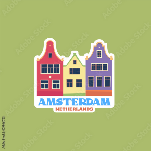 Travel Vector Sticker. Vintage classic houses in Amsterdam, Netherlands.