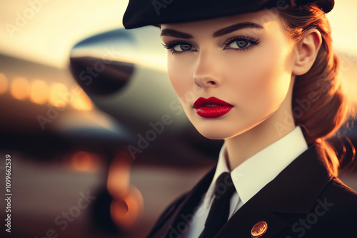 A glamorous air hostess in a vintage-inspired uniform with red lipstick and a classic hat poses confidently near an airplane, illuminated by warm sunset light. Copy spase photo