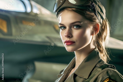 A focused female fighter pilot in an olive green uniform stands by her jet with a confident expression, showcasing readiness and dedication in a hangar setting. Copy spase photo