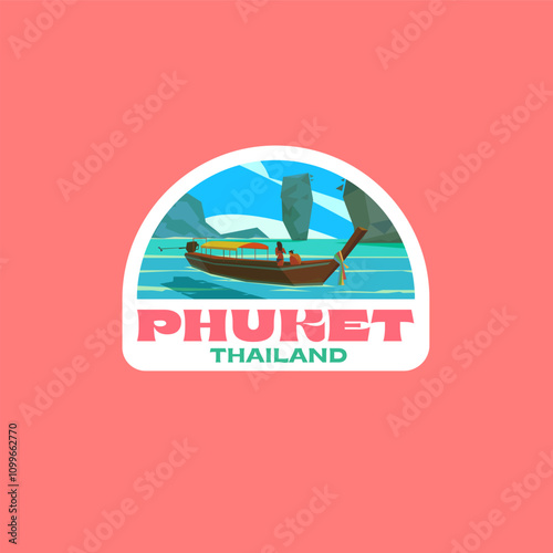 Travel Vector Sticker. A boat on the water in the bay. Phuket Thailand