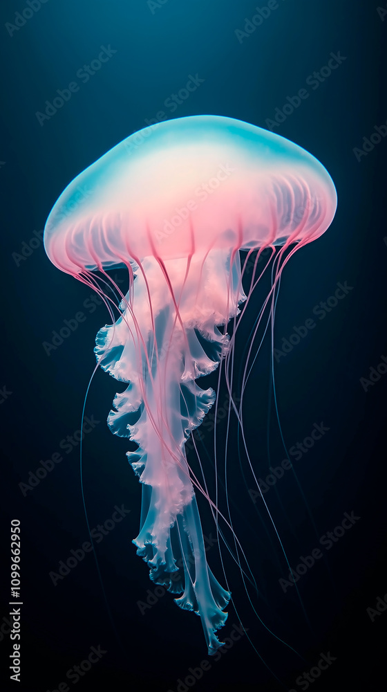 Fototapeta premium Vertical wallpaper of Glowing Jellyfish in the Deep Sea: A Mystical Underwater surreal Scene, pastel pink and blue colors