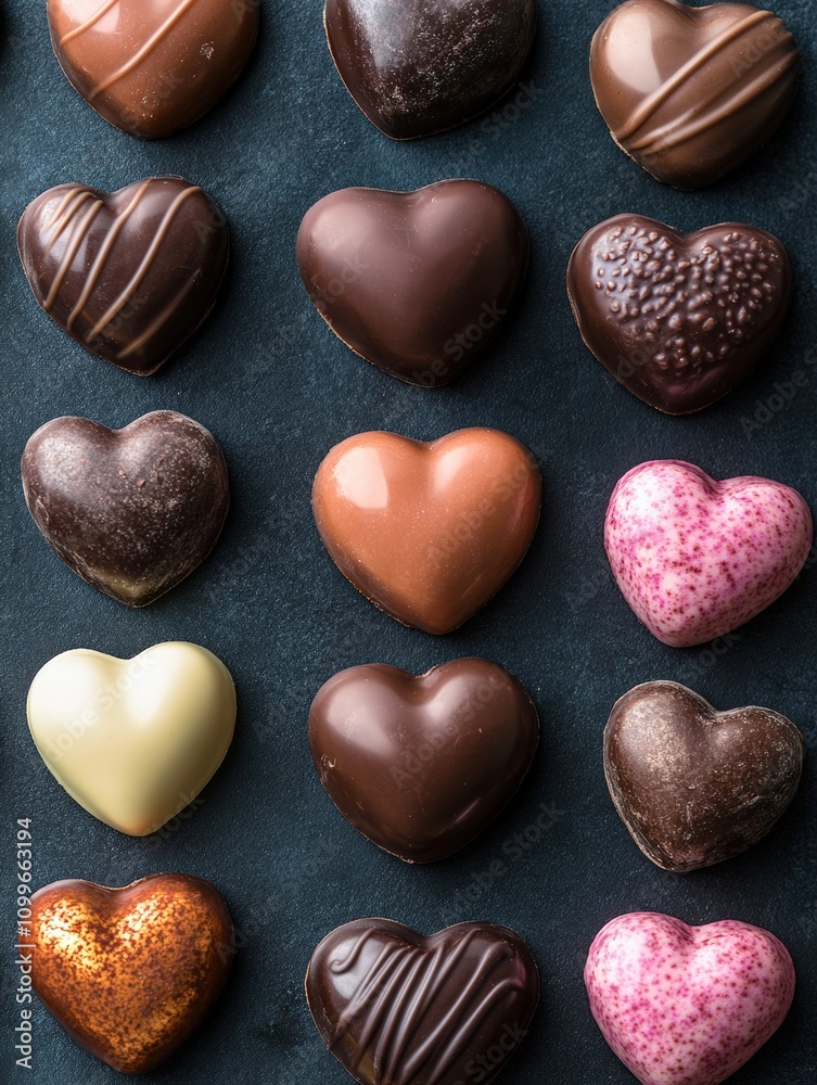 Obraz premium Assorted chocolate candies in the shape of a heart on a dark isolated background. craft chocolates for valentines day.