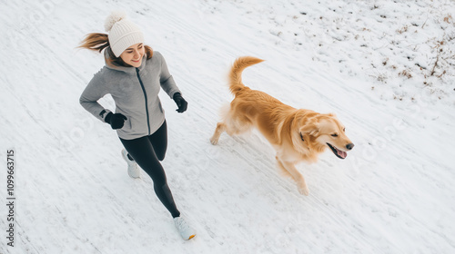 Happy woman running with golden retriever dog on winter street.