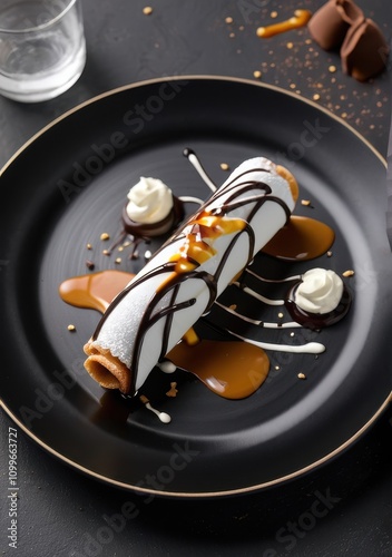 Cannoli in a contemporary deconstructed style, with crisp shells, ricotta cream dollops, and artistic streaks of chocolate and caramel for a chic dessert look photo