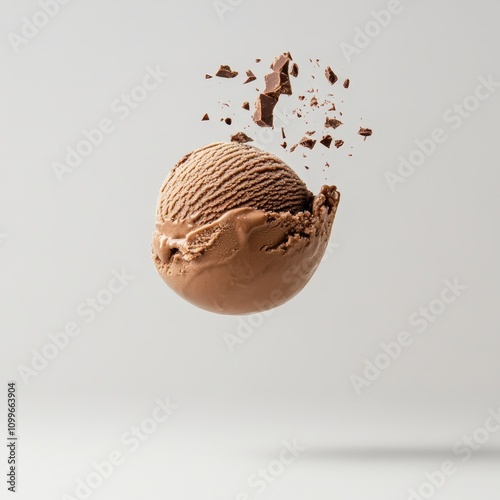 A delicious chocolate ice cream scoop is suspended mid-air, with chocolate shards surrounding it, creating a playful and enticing visual, Perfect for dessert menus, advertisements, or culinary blogs, photo