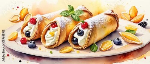 Watercolor illustration of cannoli with golden shells, creamy ricotta filling, and colorful garnishes, softly blended warm tones on a light textured background