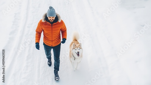 Happy man walking with siberian husky dog on winter street.
