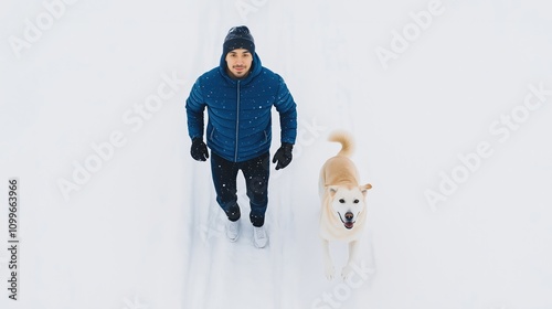 Happy man walking with siberian husky dog on winter street.