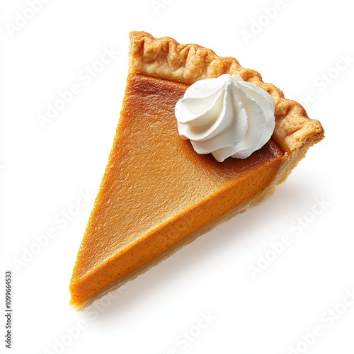 A delicious slice of pumpkin pie topped with whipped cream, presented on a clean white background, Ideal for food blogs, dessert menus, and autumn-themed projects, photo