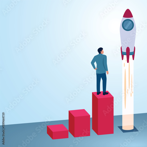 A man looks at a rocket launching at the end of a graph. An illustration of exponential growth, rapid growth and drastic development.