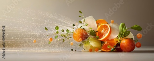 Whimsical food sculptures illuminated with radiant lights, side view, abstract culinary landscape