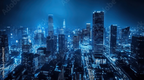 Wallpaper Mural Vibrant Nighttime Cityscape of Illuminated Skyscrapers Underneath a Deep Blue Sky Backdrop Torontodigital.ca