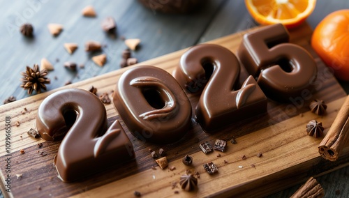 Homemade chocolate, chocolate bar 2025 on wooden background. New year concept, year calendar. Generative AI