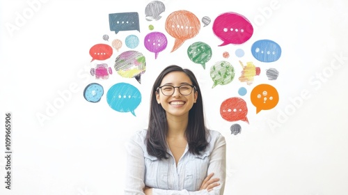 A friendly teacher surrounded by multilingual speech bubbles, explaining global communication, on white
