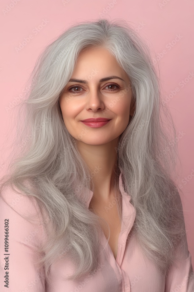 Naklejka premium Portrait of a Beautiful Senior Woman with Gray Hair, Smiling on a Pastel Background, with Copy Space