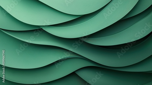 Abstract composition of layered green paper-like shapes creating a wavy texture and pattern with shadows and highlights enhancing the depth and three-dimensional appearance. photo