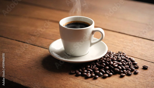 Steaming white coffee cup on a saucer with coffee beans, close-up photography, copy space