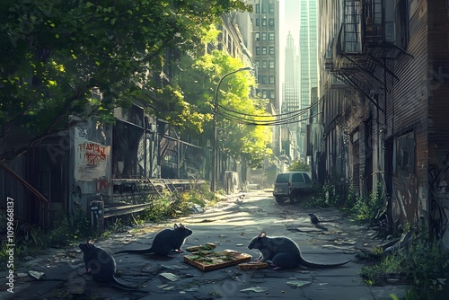 Rats gathered around a leftover sandwich piece in an urban alley, with dappled sunlight filtering through hanging vines and casting shadows. The cityscape is blurred behind them. photo