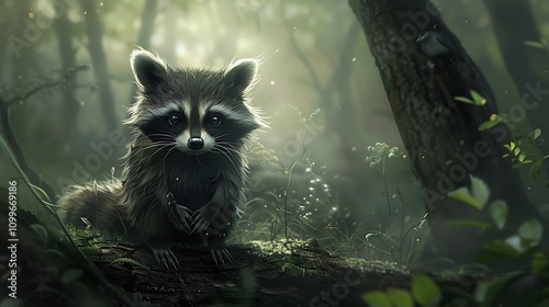 A charming little raccoon with a bandit mask in a forest setting photo