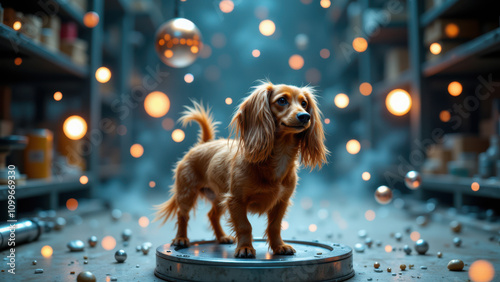 A small brown dog sitting on a ci/cd platform. photo