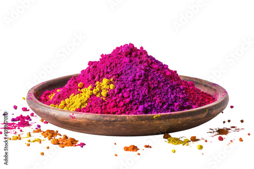 A vibrant pile of Holi powder on a round plate, on a white background. PNG transparent. photo