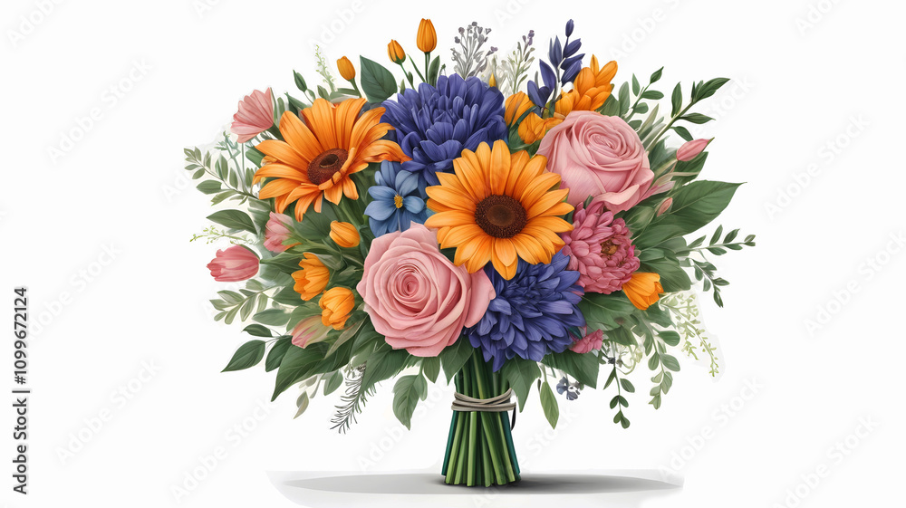 Fototapeta premium Watercolor, colorful flowers bouquet, pink rose, sunflowers hand paint Blooming floral and lush green leaves, isolated on white background.