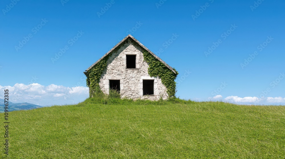 Obraz premium Abandoned stone house on a grassy hill, with ivy growing up its crumbling walls abandoned house, overgrown ruins
