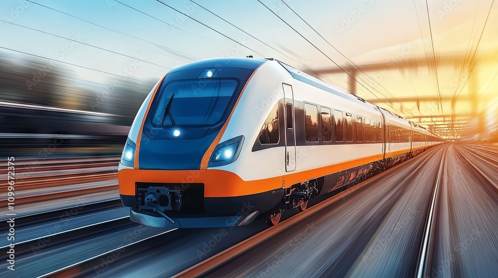 Fototapeta premium Modern High Speed Train on Tracks at Sunset