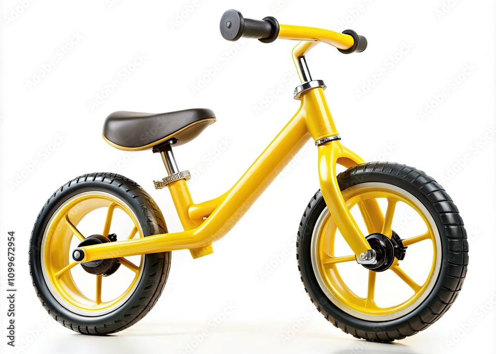 Fototapeta premium Yellow Children's Balance Bike Isolated on White Background for Teaching Kids to Ride, Balance Skills, and Outdoor Fun Activities - Panoramic Photography