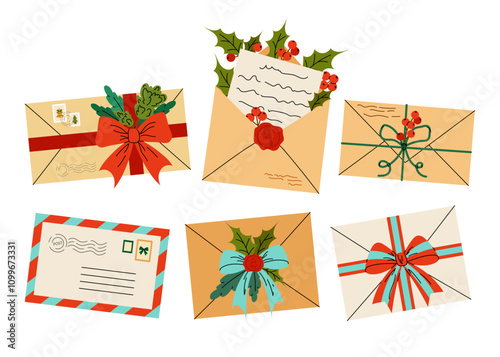 Set of paper envelopes for letters. Post Office. Letters to Santa Claus. Flat vector illustration on white background. 