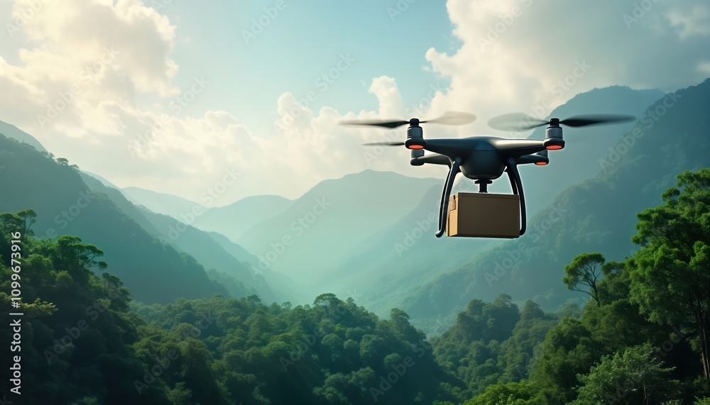 Fototapeta premium Drone delivers package in rich tropical rainforest area. Aerial view shows drone flying over dense forest, mountains. Sustainable tech for eco-friendly delivery in remote regions. Future of