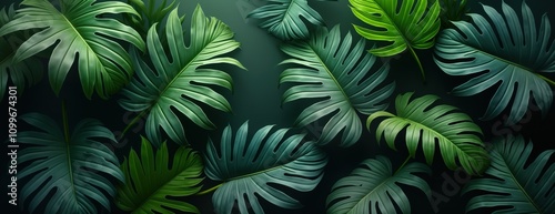 Tropical leaves form intricate pattern on dark background. Rich greenery creates visual appeal. Ideal for nature lovers design enthusiasts. Vivid colors, textures appeal. Perfect for tropical theme