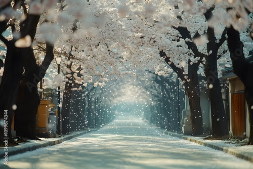 A long, tree-lined avenue filled with cherry blossom trees in full bloom, with petals gently falling to the ground like snow. The path below is dappled with light and pink blossoms. photo