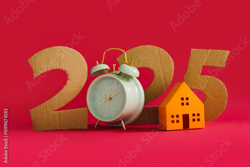 2025 New Year concept featuring an alarm clock and a house model isolated on a red background, symbolizing time, home, and new beginnings
