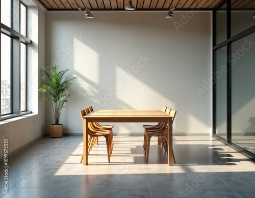Wallpaper Mural Empty modern room with wooden table, chairs. Bright light. Glass walled area. Spacious interior. Design concept. Modern architecture. Empty space. Daytime scene. Futuristic style. Clean, elegant. Torontodigital.ca