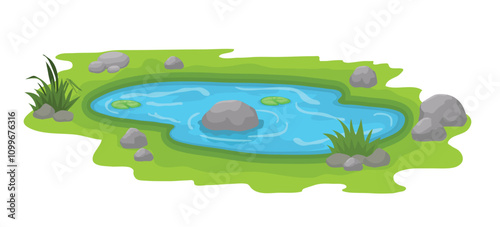 Natural pond with lily pad, rocks and grass plants