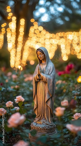 Statue of Virgin Mary in a Garden with Lights