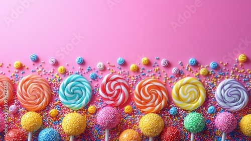 Colorful Candies and Lollipops in a Sweet Display with Sprinkles on a Pink Background Ideal for Celebrations and Events