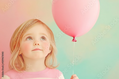 childhood curiosity, an innocent little girl gazes up in wonder, cradled by another girl holding a balloon photo