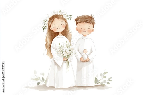 A charming communion greeting card showcases two children in white attire. The girl holds a bouquet, while the boy cradles a small doll. Their joyful expressions celebrate a special day