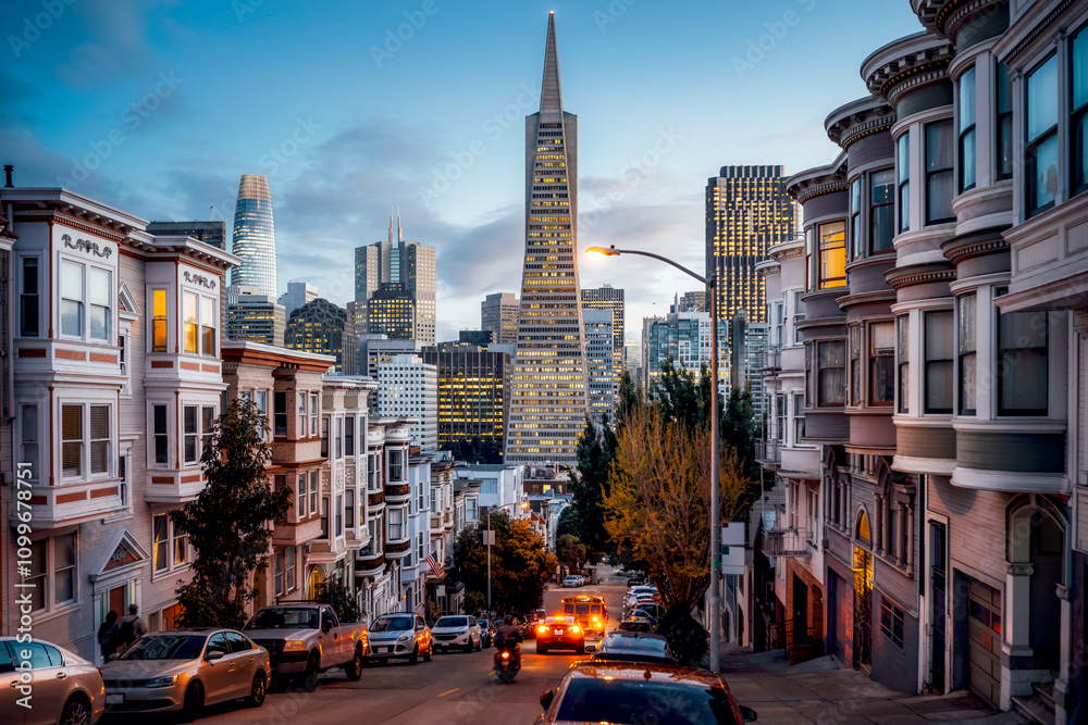 the city center of san francisco in the evening light