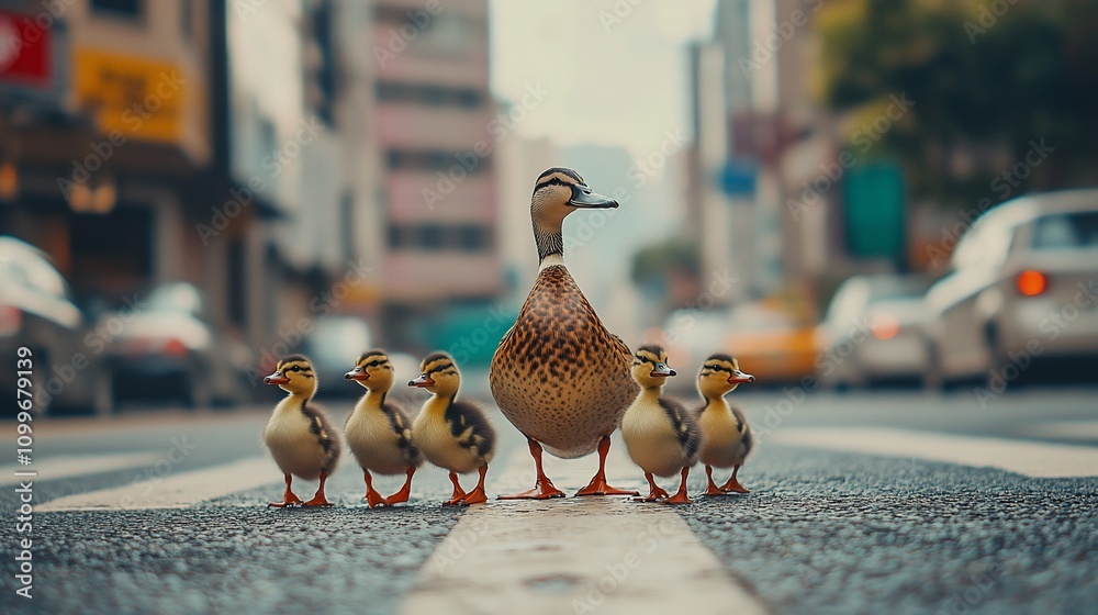 Fototapeta premium Mother duck and ducklings crossing city street.