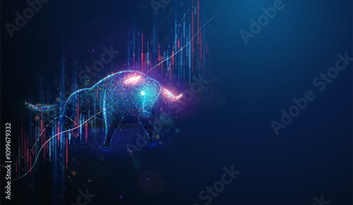 Abstract illustration of stock market bull over increasing graph made of neon particles. Blue geometric background depicting business bullish market financial concept
